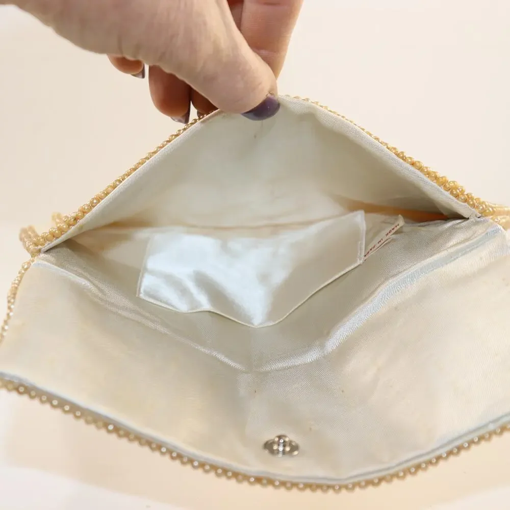 Vintage Made in Japan White‎ Satin Beaded Clutch Evening Bag